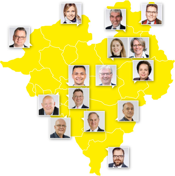 Karte von Westfalen mit Markierungen der Fraktionsmitglieder